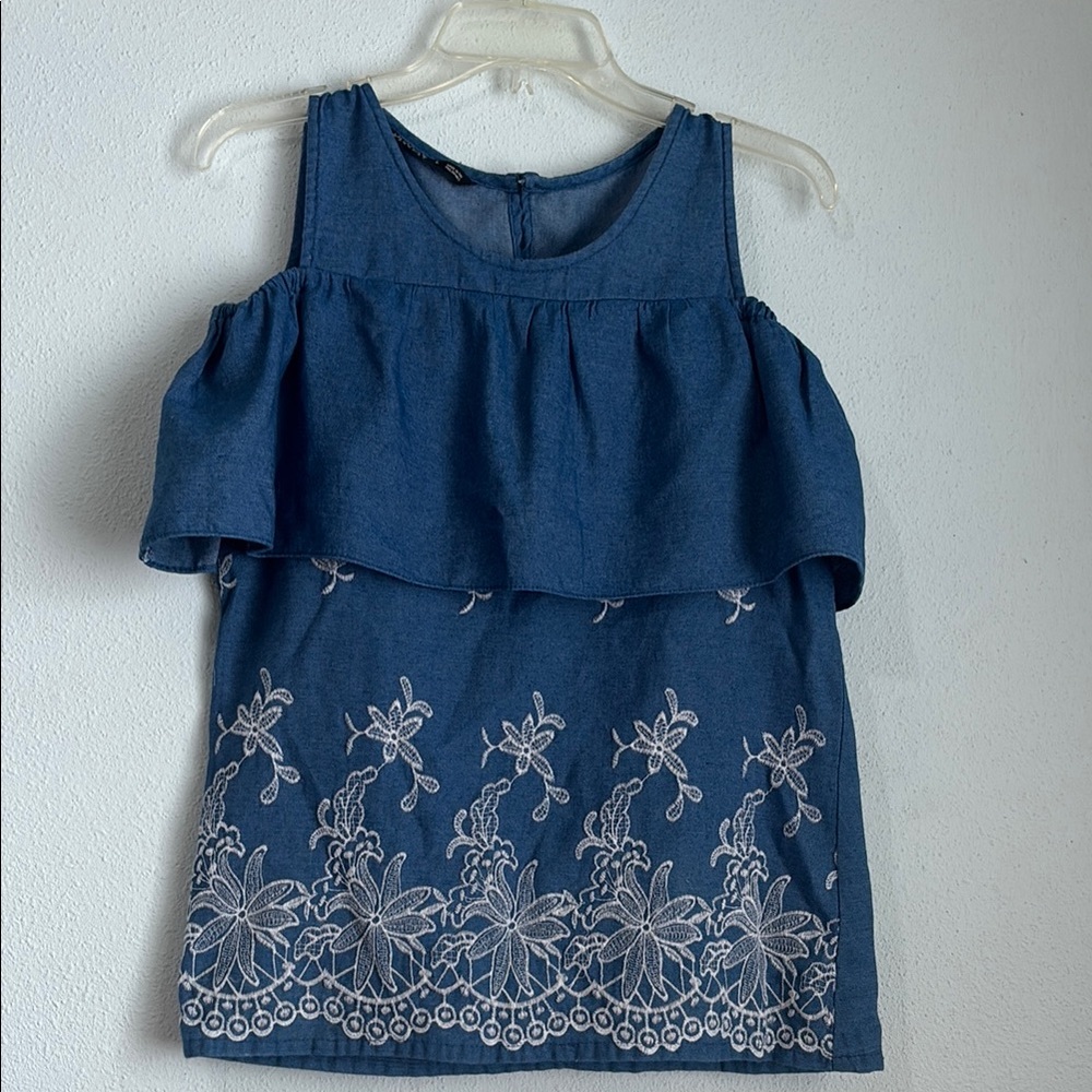 Blue Sleeveless Top with White Embroidery